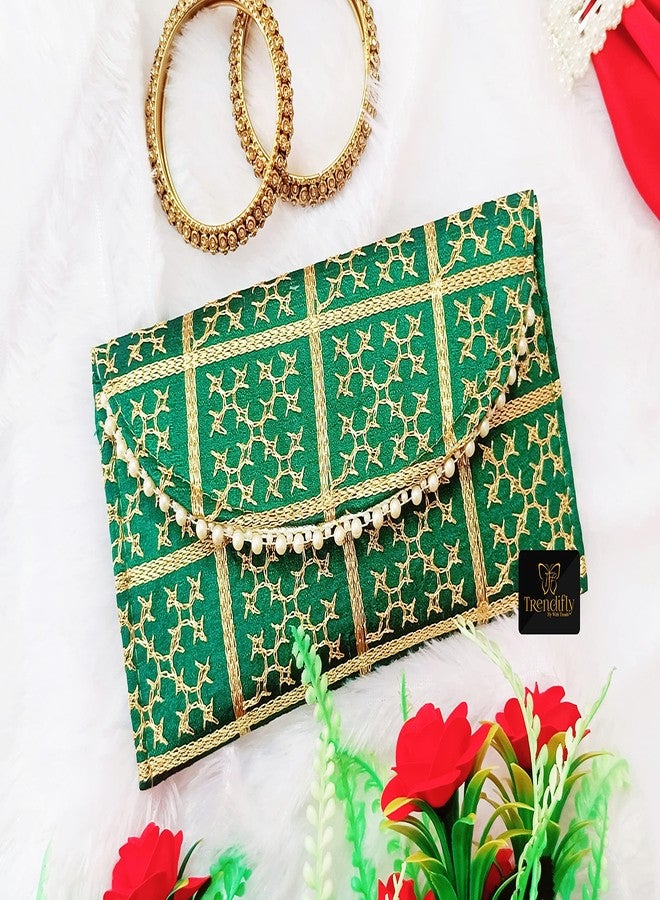Trendifly Embroidery Checks Design Wedding return gift Clutch women wholesale bridal Traveling potli bag with Zipper for Ladies Baby Shower Shagun Purse Gifting Haldi Mehandi (Set Of 3) - Image 5
